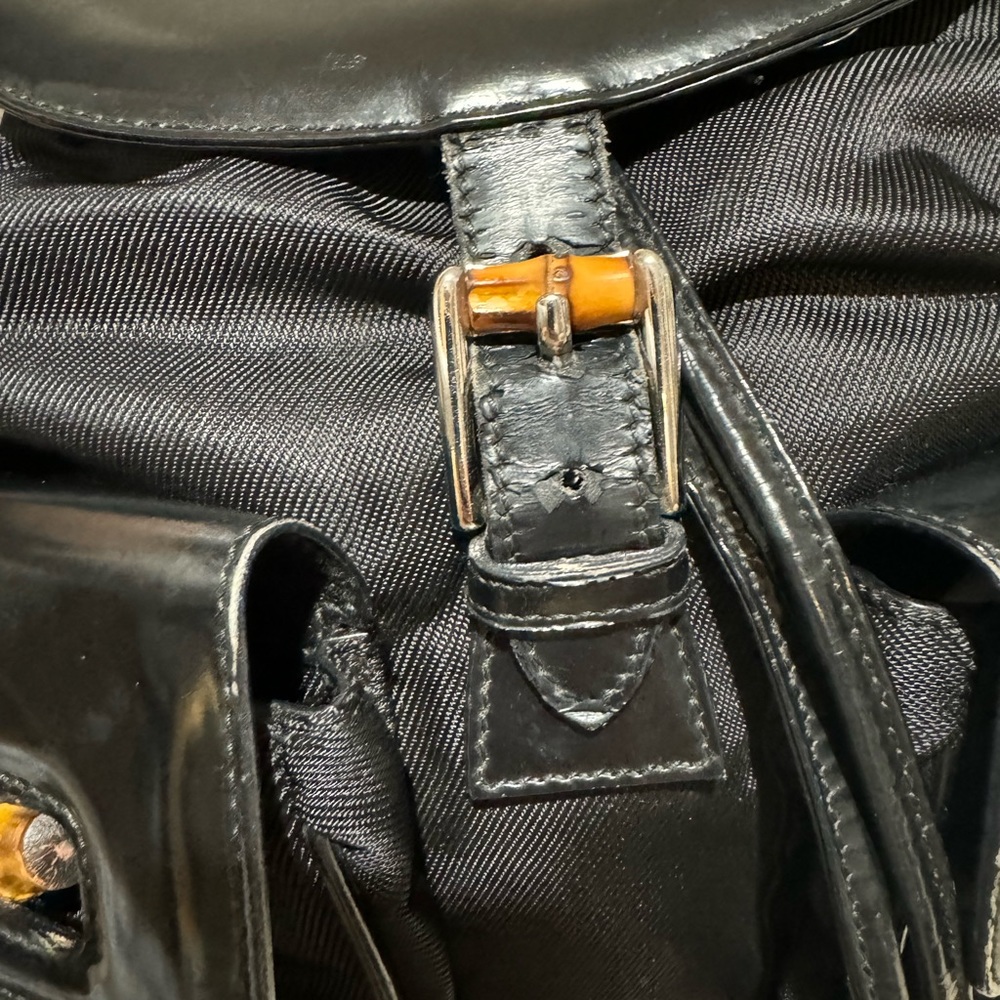 GUCCI Vintage Bamboo Patent Leather/Canvas Backpack Black with Dust Bag - Picture 7 of 16